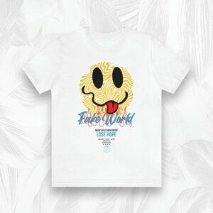 Fake World Smiley T-Shirt | Dark Humor Graphic Tee | Ironic Streetwear Shirt |
